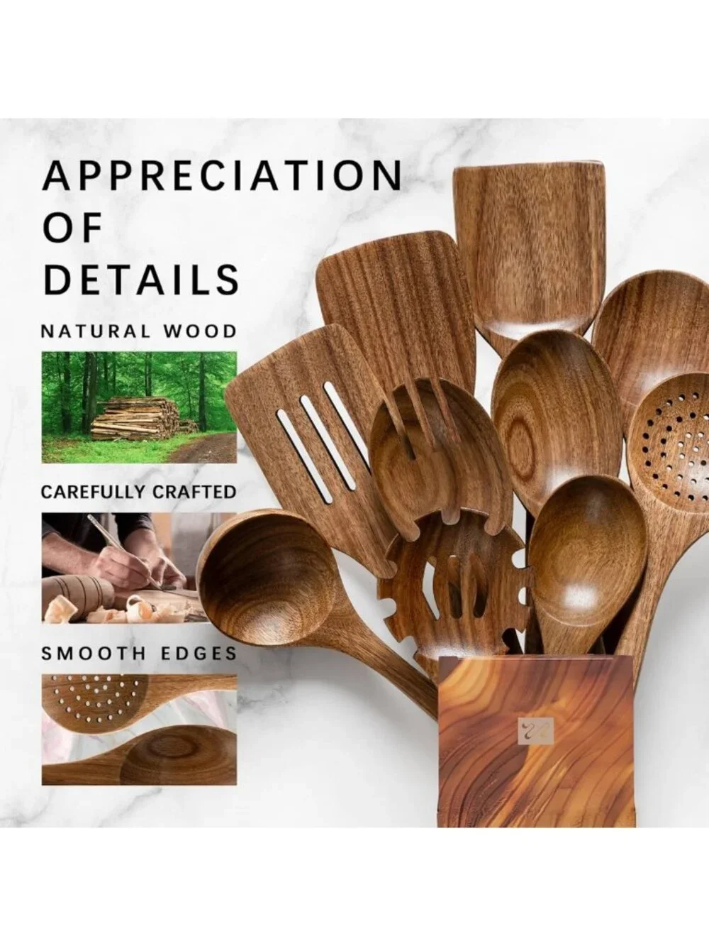 10-Piece Acacia Wood Cooking Utensil Set - Durable Wooden Spoons for Kitchen Use